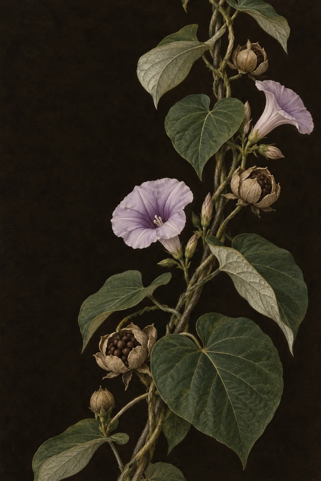 Illustration of the Argyreia nervosa vine with heart-shaped leaves, lavender flowers and dried seed pods